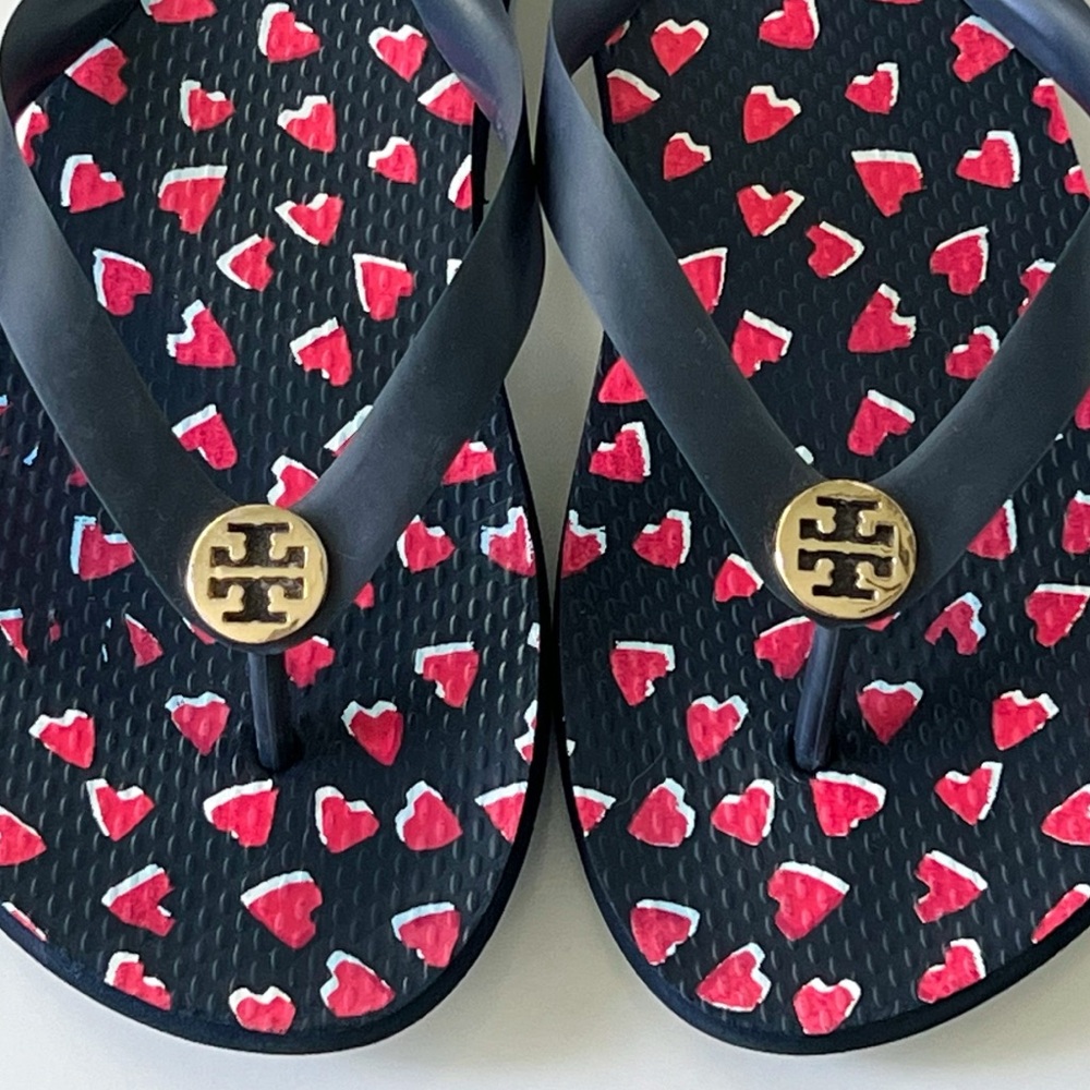 Tory Burch Black with Red Hearts Flip Flop Thong Sweetheart Sandals - Picture 5 of 7